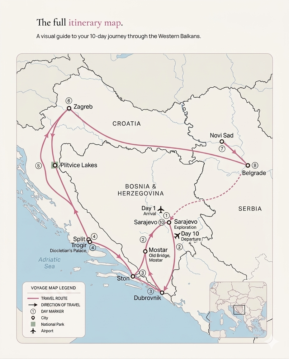 Itinerary map for the 10-day Bosnia, Serbia, and Croatia route.